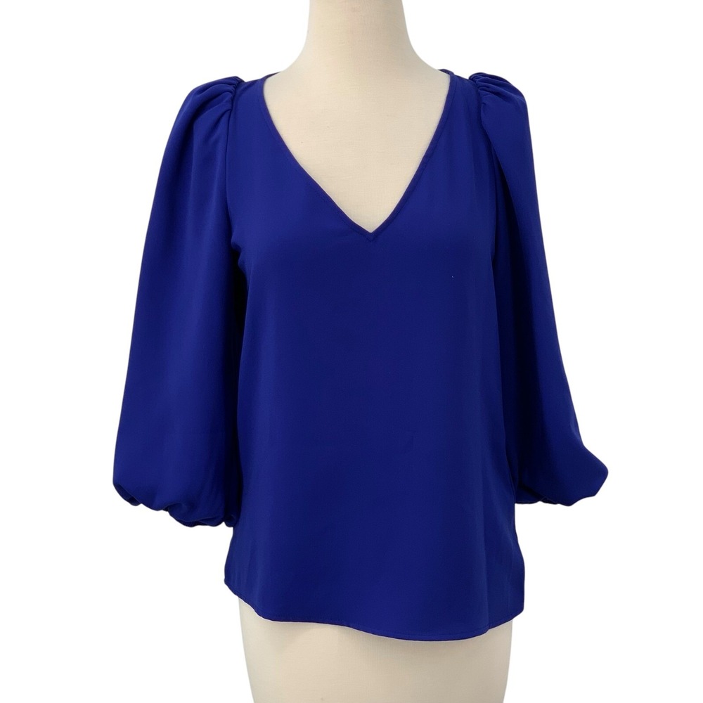 Trina Turk Women's Danise 3/4 Puff Balloon Sleeve V-Neck Blouse Royal Blue Sz XS - Picture 3 of 10